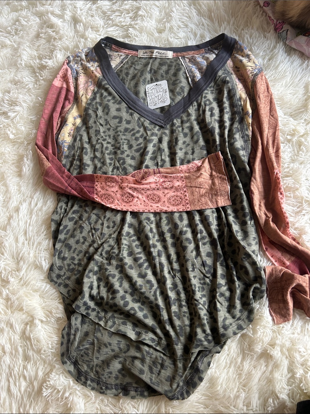 We The Free Mixed-Print V-Neck Long Sleeve Top in Olive and Rose